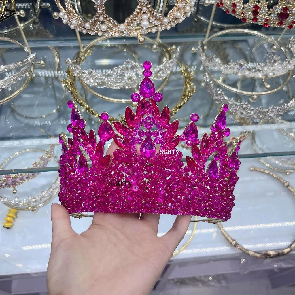 Accessoires de cheveux de mariage colorés roses, coiffe de concours de beauté, diadème de mariée Fait à la main en CRISTAL coloré avec perles