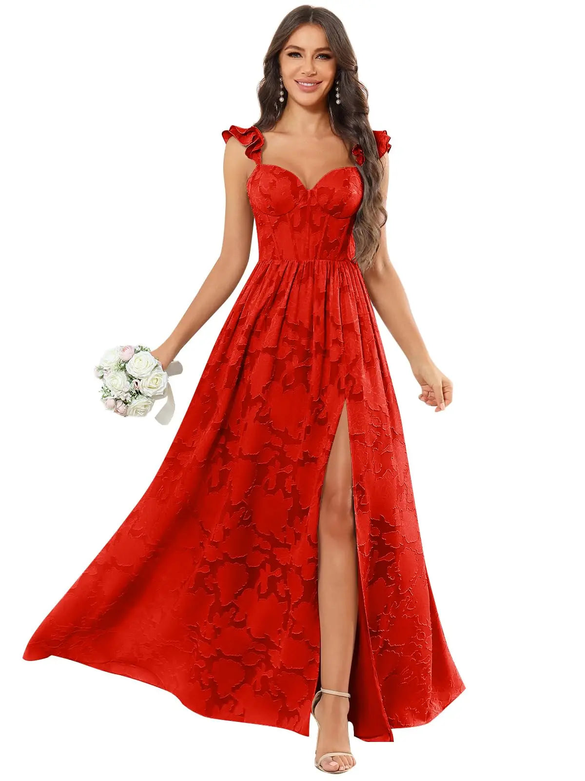 Floral Ruffle Bridesmaid Dress | Sweetheart A-Line Gown with Slit | Wedding Party