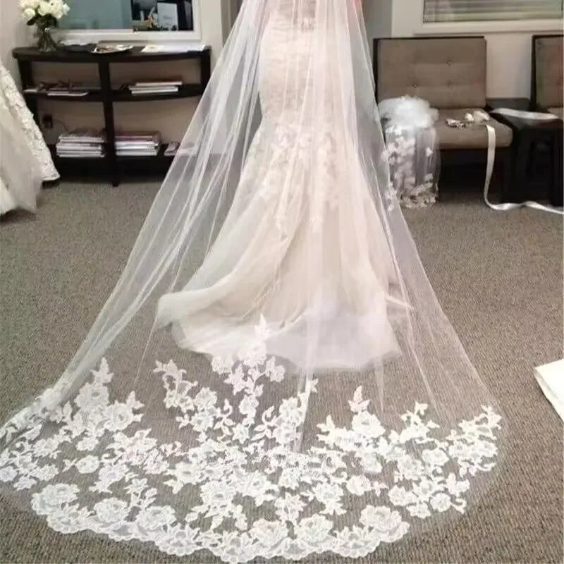 Voile de Mariée Long Cathédrale Dentelle Voile Mariage Blanc Ivoire Accessoires de Mariée Une Couche 3 Mètres Veu De Noiva L