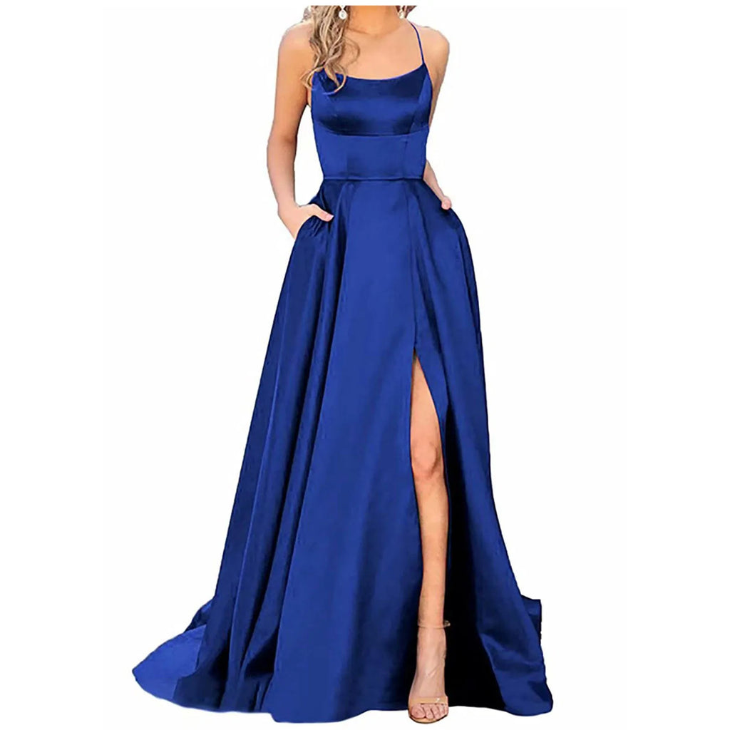 Robe de Demoiselle d'Honneur Bleu Marine pour Mariages Femme Invitée 2024 Sexy à Fines Bretelles Fendue Robes de Soirée Longues