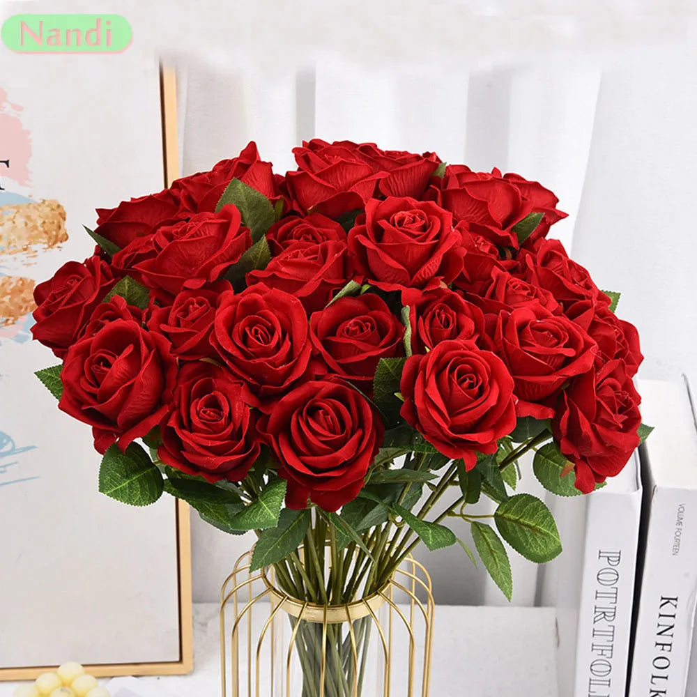 Velvet Artificial Rose Flowers for Wedding Décor & DIY (Set of 10)