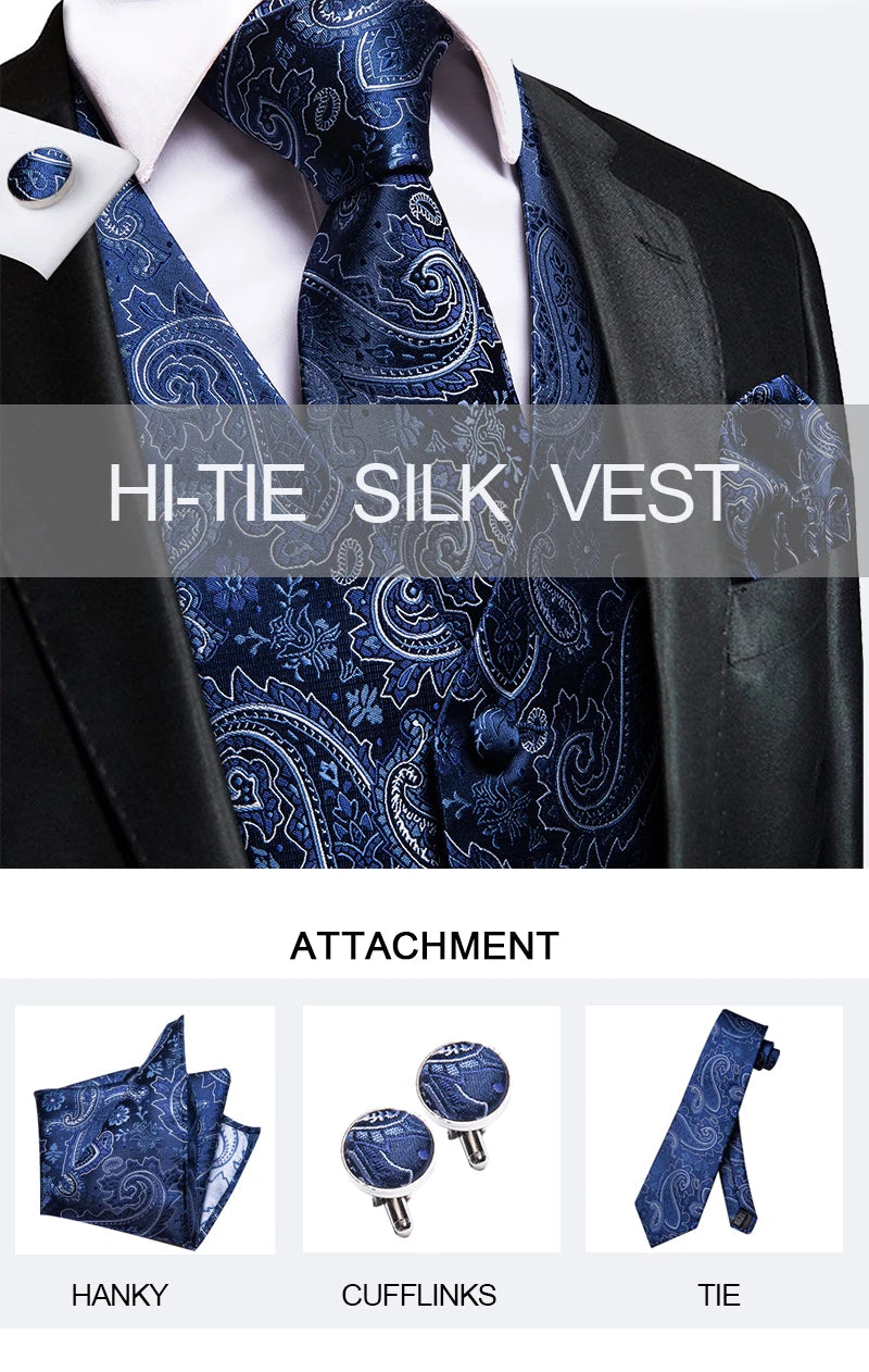 Gilets de costume en soie Hi-Tie pour homme, 4 pièces, tissés, vert sauge uni, gilet, cravate, pochette, boutons de manchette, pour affaires, mariage, robe, veste de taille