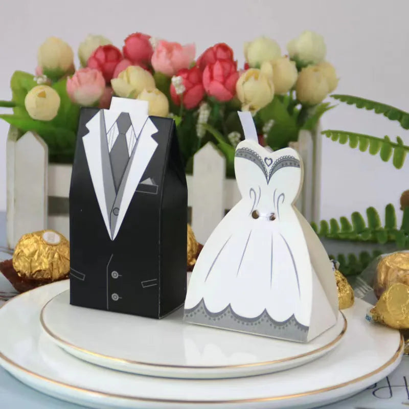 10pcs Wedding Dress Patterns Candy Box Wedding Bridal Souvenirs Candy Box With Ribbon Suit Bride And Groom Accessories Decor