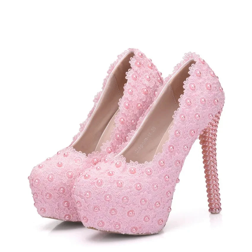 Chaussures Femme Escarpins Dentelle Strass Bout Rond Talons Fins 14cm Blanc Délicat Doux Mariage Chaussures à Talons Hauts