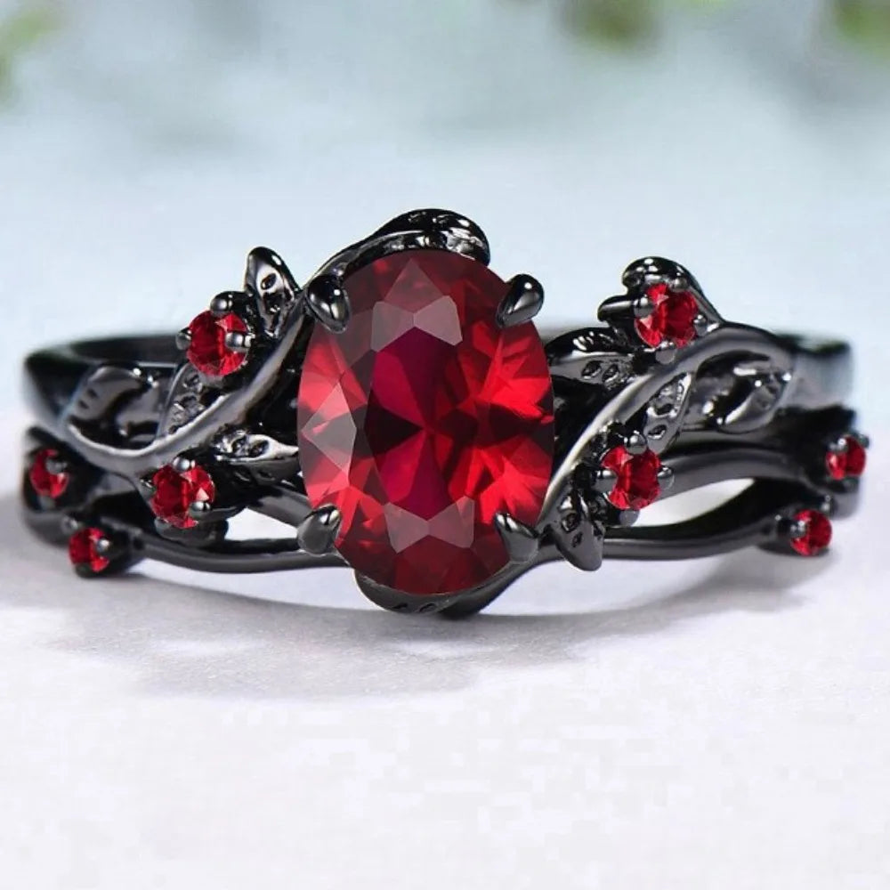 Bague gothique rétro en forme de fleur de rose noire avec branches croisées et cristal rouge, pour femme et homme, bijou de couple, cadeau
