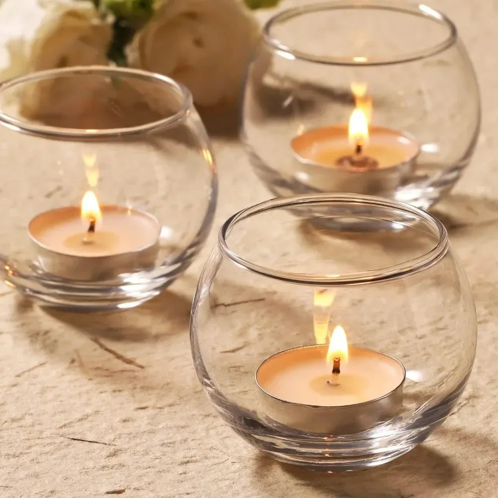 6Pcs Round Votive Candle Holders Glass Tealight Candle Holder Cup with LED Candles for Valentine's Day, Birthday Wedding Decor