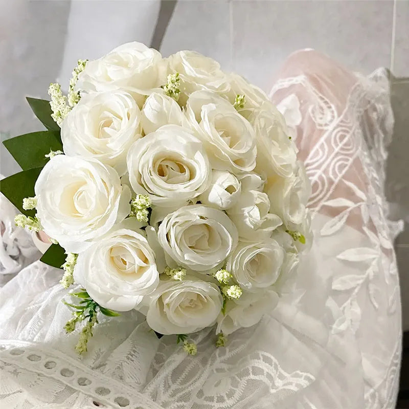 Bouquet de mariée, demoiselle d'honneur, fleurs artificielles en soie blanche, roses, boutonnière de marié, épingles, bouquet de mariage, accessoires de mariage