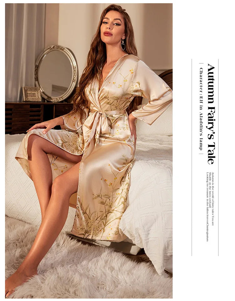 Cherry Floral Print Satin Kimono Robe — Bridal & Bridesmaid