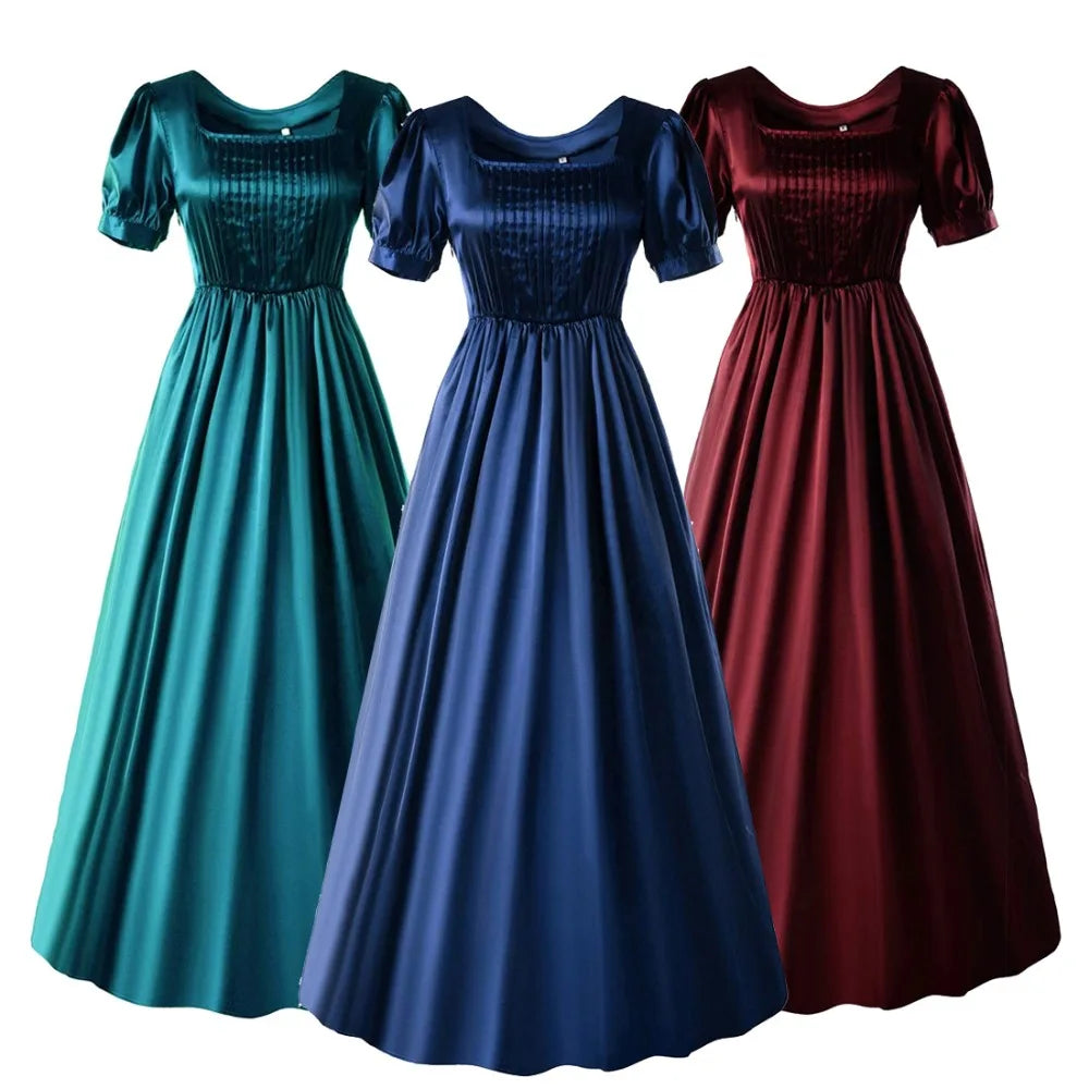 Robe médiévale en satin - Robe de thé victorienne taille haute, costume de cosplay Renaissance pour Halloween et robe de bal gothique steampunk
