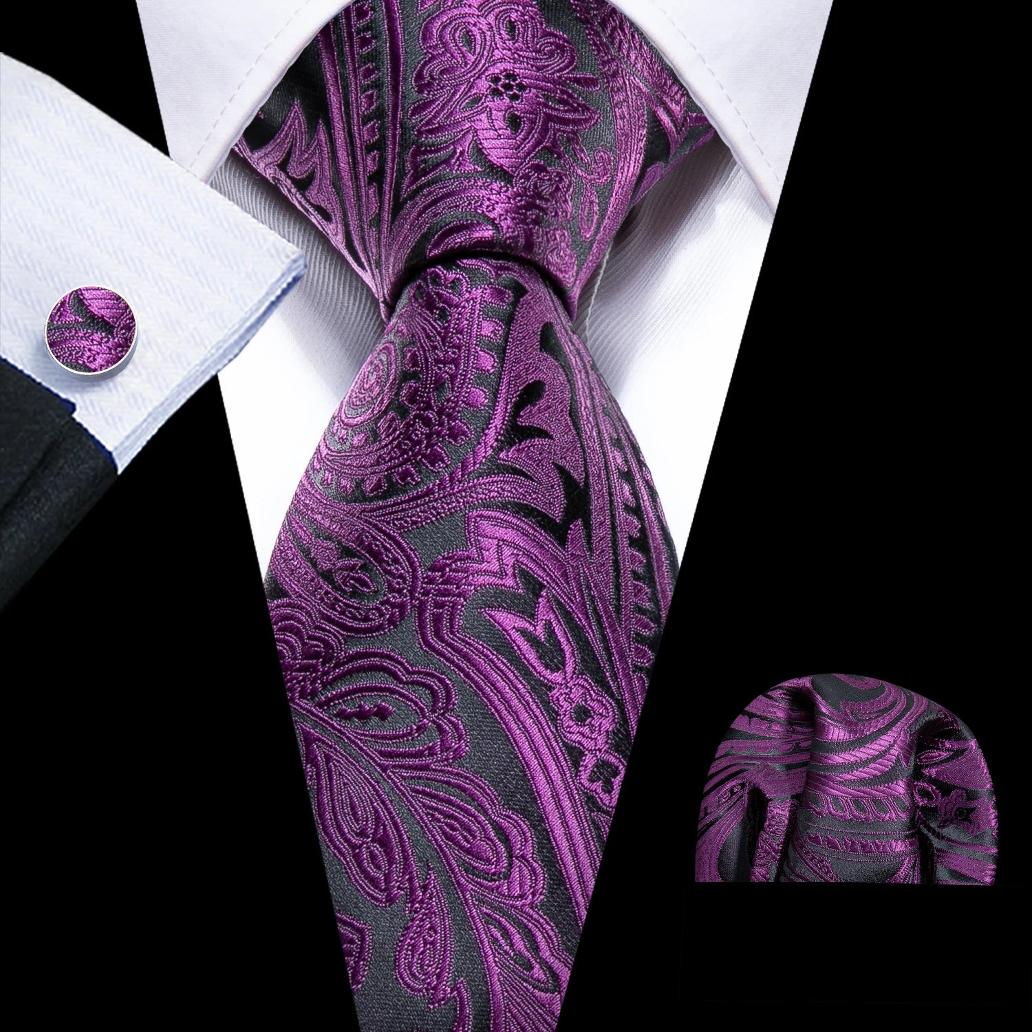 Cravate Homme en Soie Violette Unie avec Pochette Barry.Wang, Ensemble de Cravate et Mouchoir de Poche, Nœuds Papillons Floraux Paisley pour Homme, Cadeau pour Fête, Marié