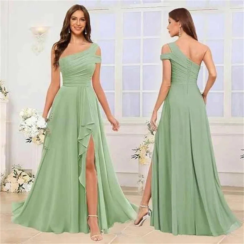 Robe de Demoiselle d'honneur en Mousseline Coupe Droite, Épaule Dénudée, Fendue, Plissée, Élégante pour Mariage, Soirée ou Bal, Dos Lacé