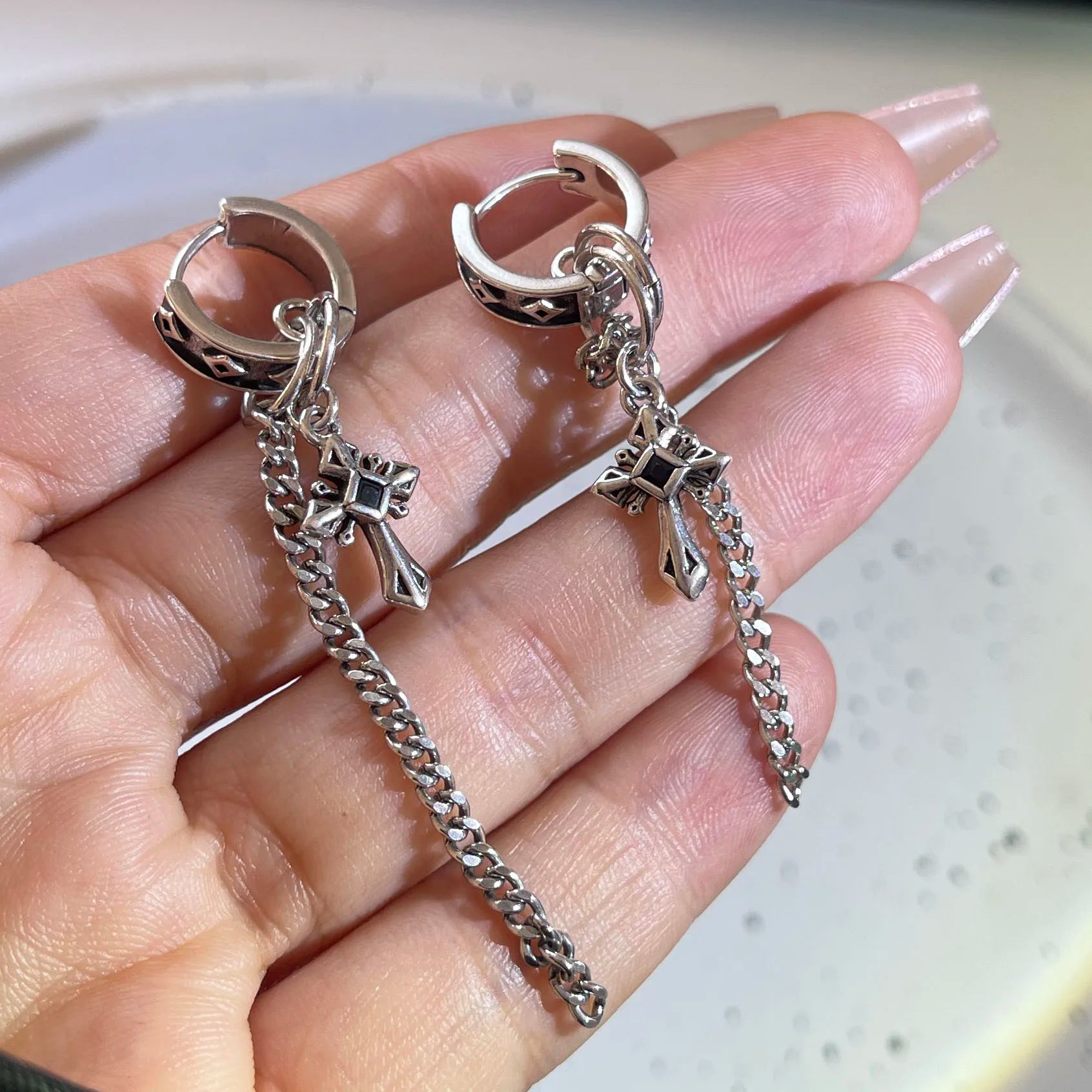 Boucles d'oreilles créoles longues vintage à chaîne — Argent sterling 925