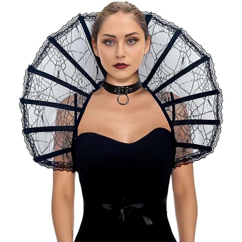 Gothic Lace Stand Collar with Skeleton Easter Halloween Witch Queen Cape Retro Medieval Clothes Art Costume Cosplay Accessories