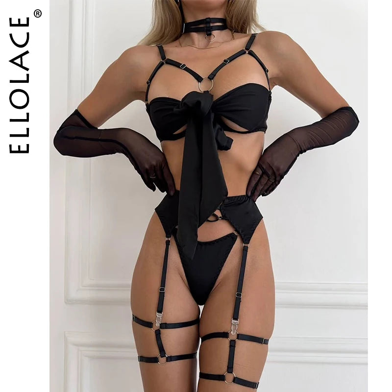 Ensemble de lingerie Ellolace Nœud Papillon Soutien-gorge Ouvert en Soie Sous-vêtements Sissy Bilizna Non Censurée Pornographie Sensuelle Intime Jarretière Strings Tenues Sexy