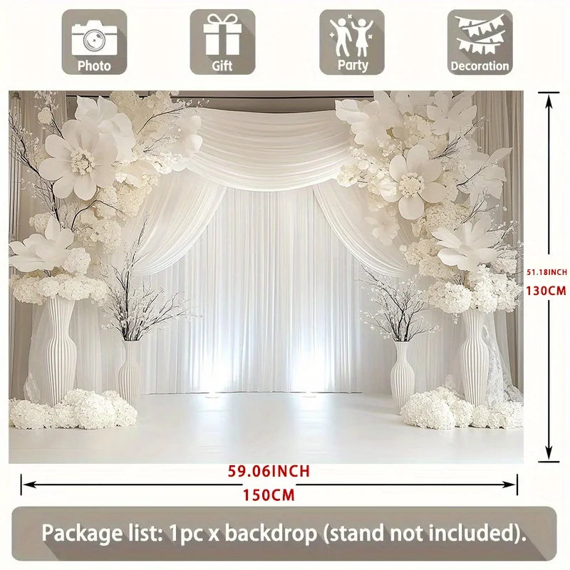 Elegant White Floral Wedding Backdrop Banner with Curtains