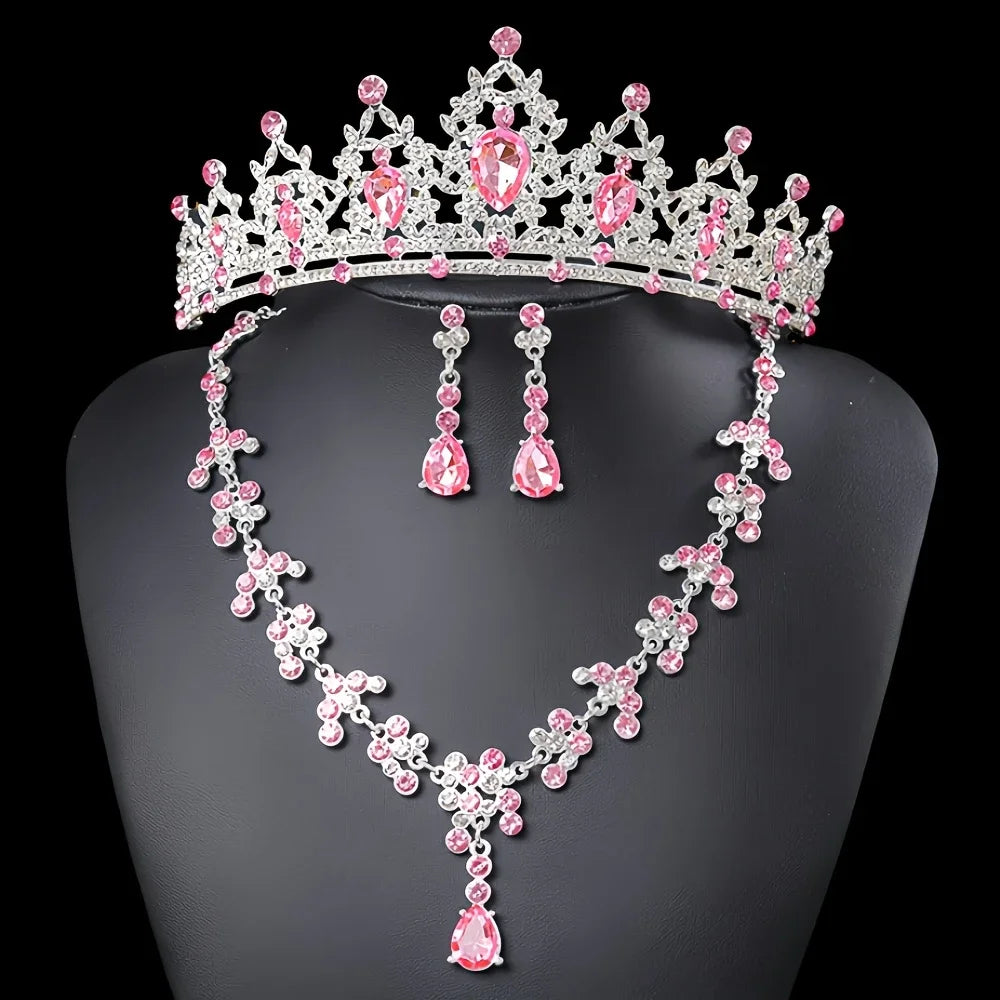 Accessoires de mariée tendance et élégants, parure 3 pièces : Couronne de mariée, collier, boucles d'oreilles, accessoires pour robe de mariée