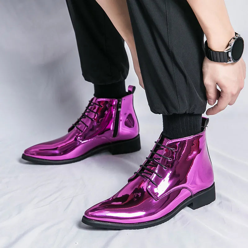 Bottes de luxe pour homme à paillettes, tendance, violettes, montantes, chaussures de mariage pour homme, bouts pointus, fermetures éclair, chaussures de ville pour homme, grande taille 47