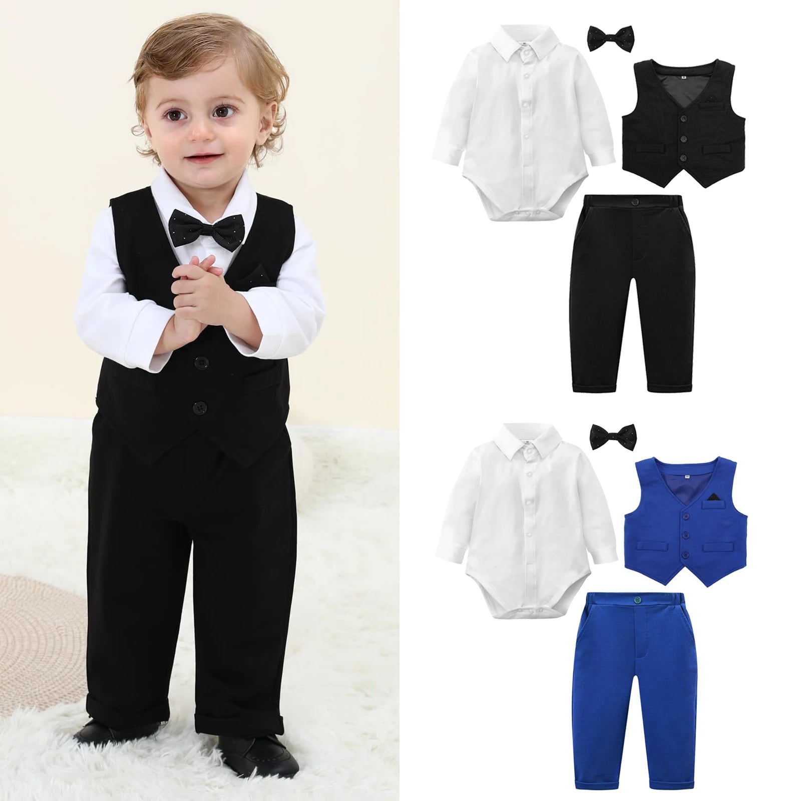 Ensemble Costume Bébé Garçon Tenue Formelle pour Mariage 1er Anniversaire Nouveaux-nés Barboteuse Gilet Pantalon Vêtements de Gentleman