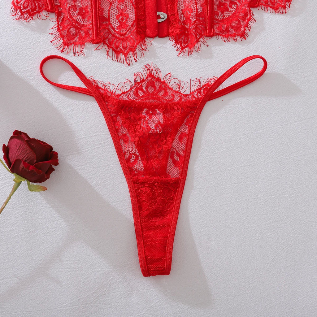 Ensembles de Lingerie Ellolace Palace Femme Corset Souple String Ensemble 2 Pièces Sexy Chaud Sans Bretelles Dentelle Fantaisie Décolleté Plongeant Sous-Vêtements Femme