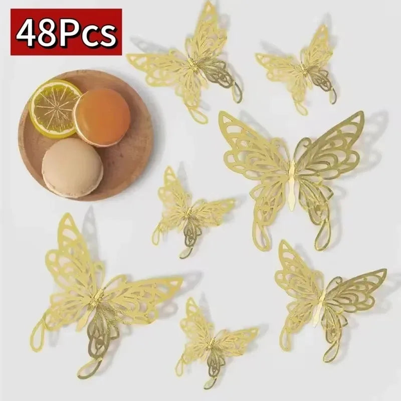 48 autocollants muraux papillons creux dorés et argentés, papillons 3D, pour chambre à coucher, salon, décoration de maison, applique, décoration de mariage