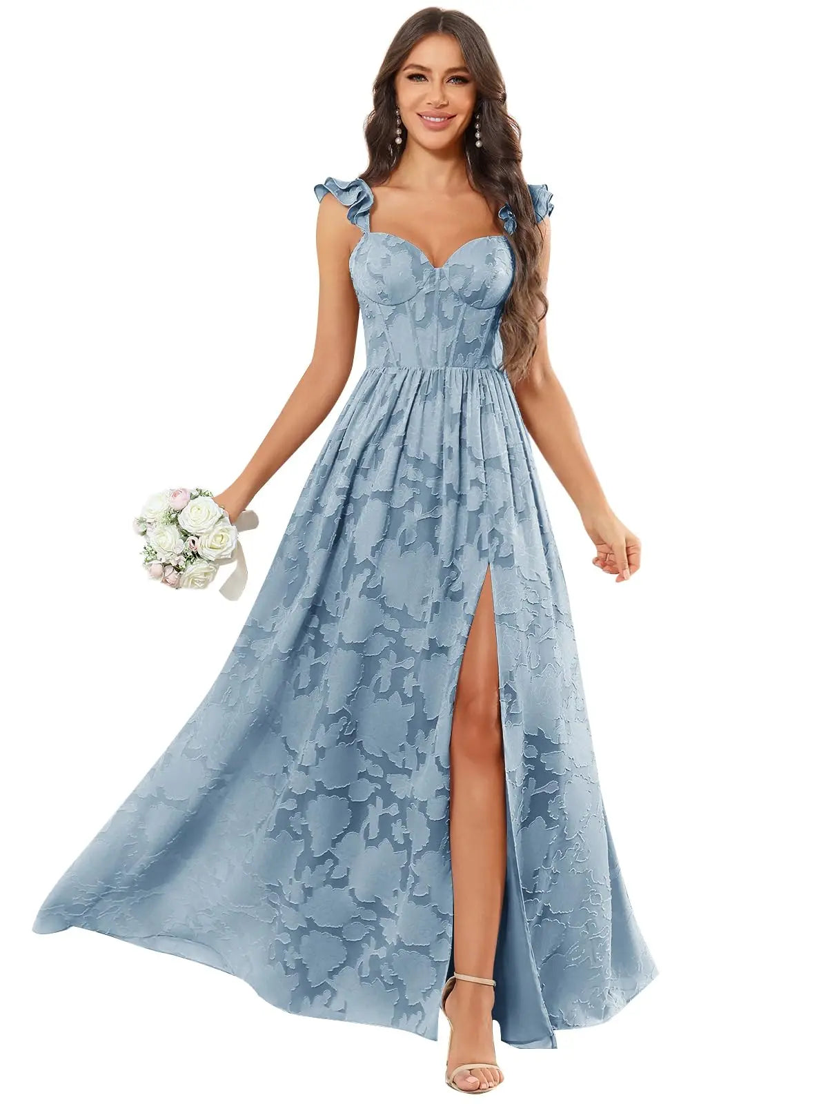 Floral Ruffle Bridesmaid Dress | Sweetheart A-Line Gown with Slit | Wedding Party