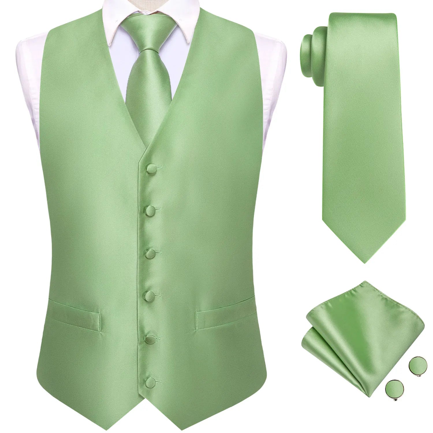 Gilets de costume en soie Hi-Tie pour homme, 4 pièces, tissés, vert sauge uni, gilet, cravate, pochette, boutons de manchette, pour affaires, mariage, robe, veste de taille