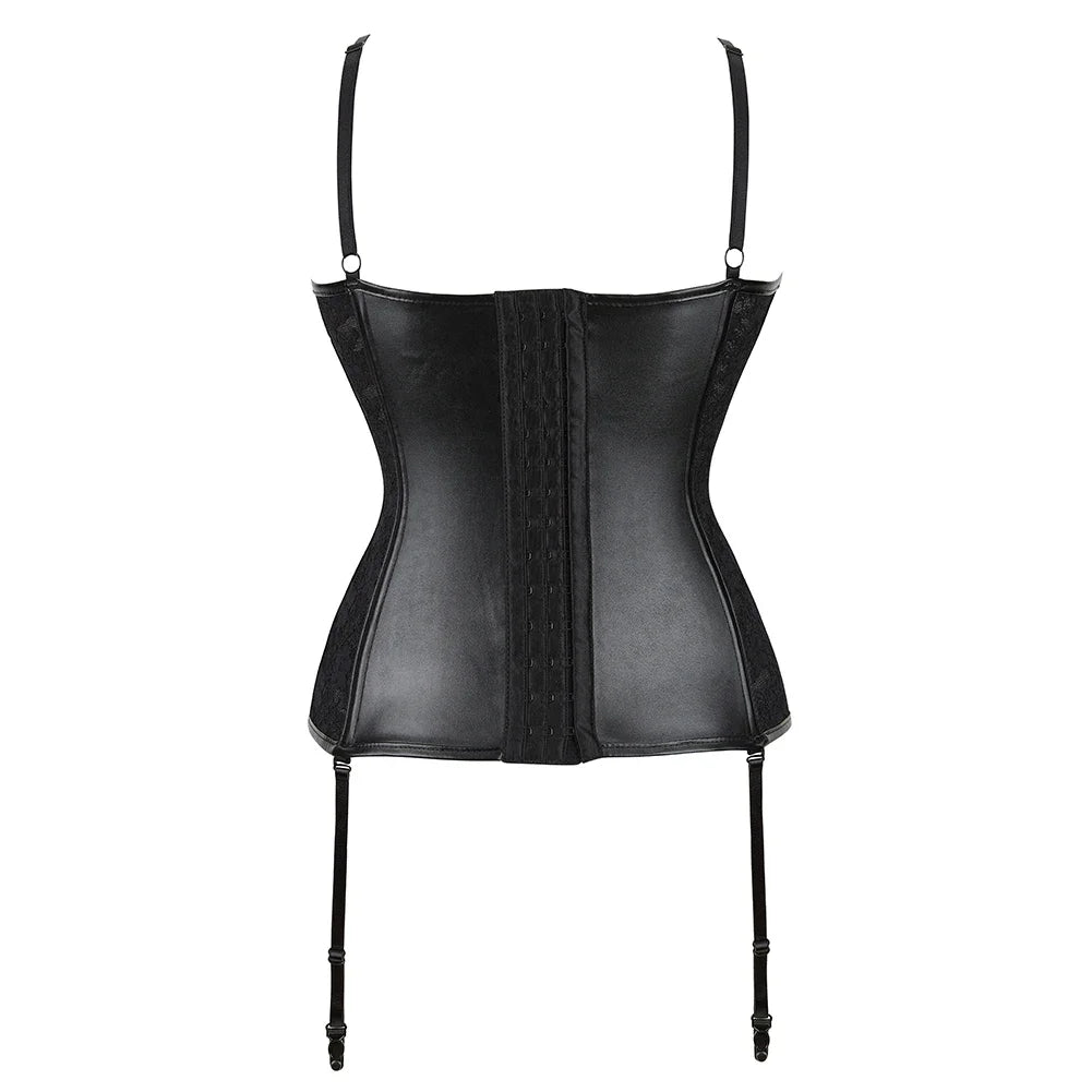 Black Faux Leather Gothic Corset Women Overbust Lace Trimmer Korset Sexy Burlesque Lingerie Bustiers
