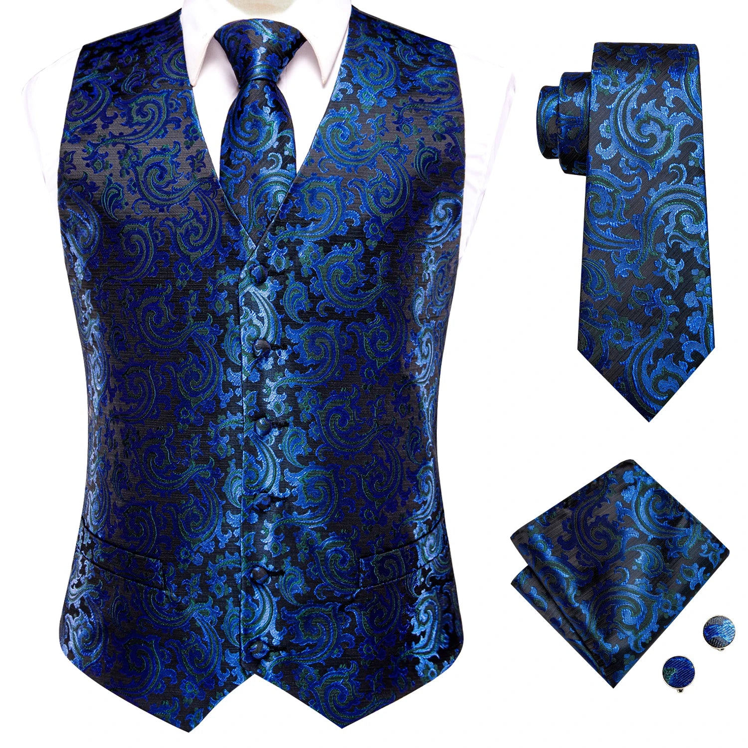 Gilets de costume en soie Hi-Tie pour homme, 4 pièces, tissés, vert sauge uni, gilet, cravate, pochette, boutons de manchette, pour affaires, mariage, robe, veste de taille
