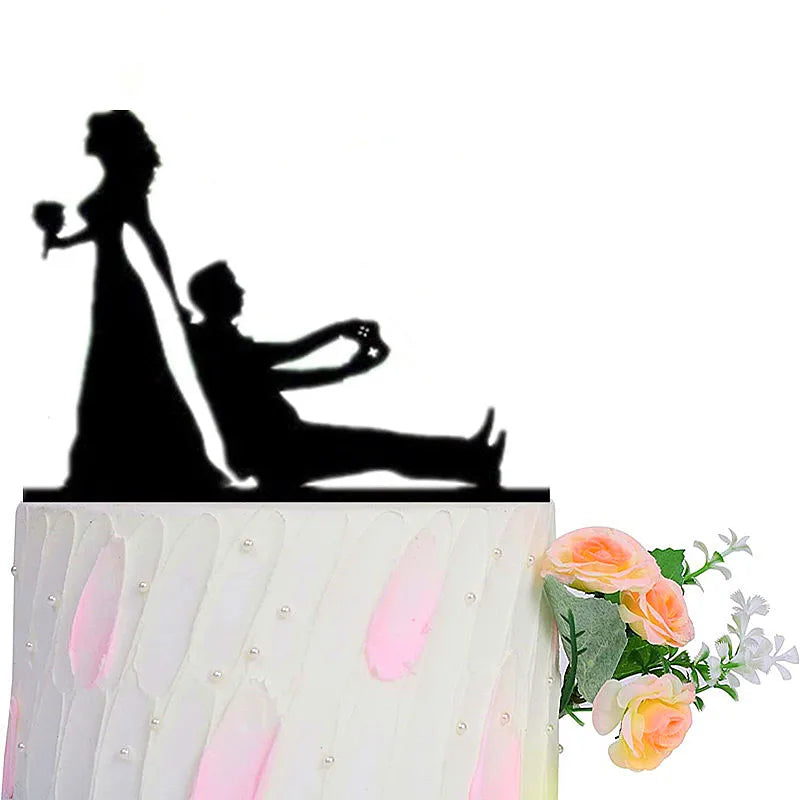 Funny Wedding Party Cake Topper Mariée Marié M. Mme Acrylique Noir Gâteaux de mariage Style Sport Mixte Couples Cake Décoration de mariage