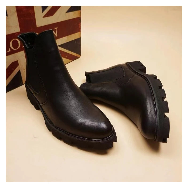 chaussures montantes en cuir véritable pour hommes, bottes Chelsea décontractées, chaussures habillées de bureau, bottes noires à plateforme, botas hombre, chaussure