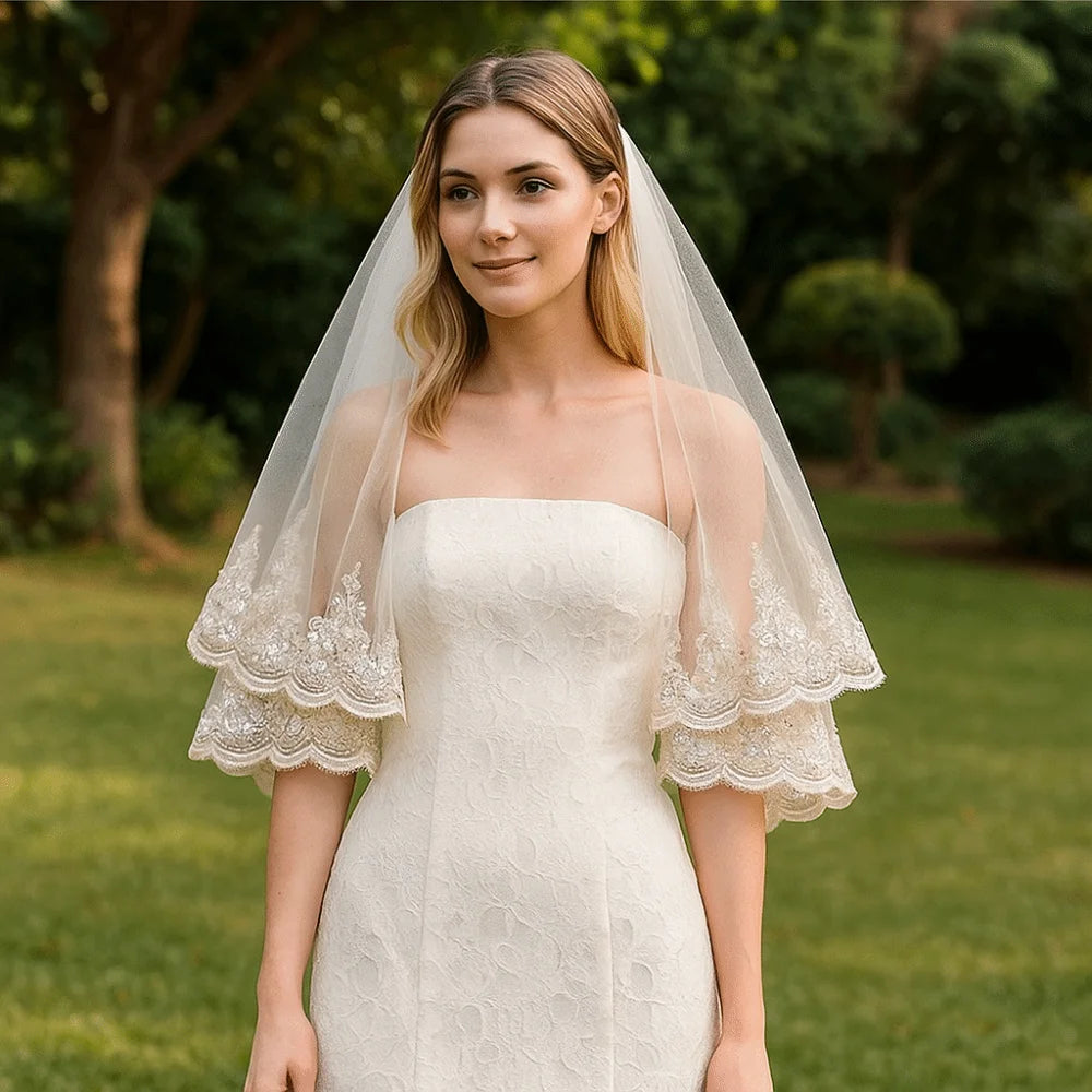 Elegant Luxury Bride Wedding Veils Sequins Glitter with Hair Comb Lace Beaded Veil Lace Edge Tulle Veil Wedding Day