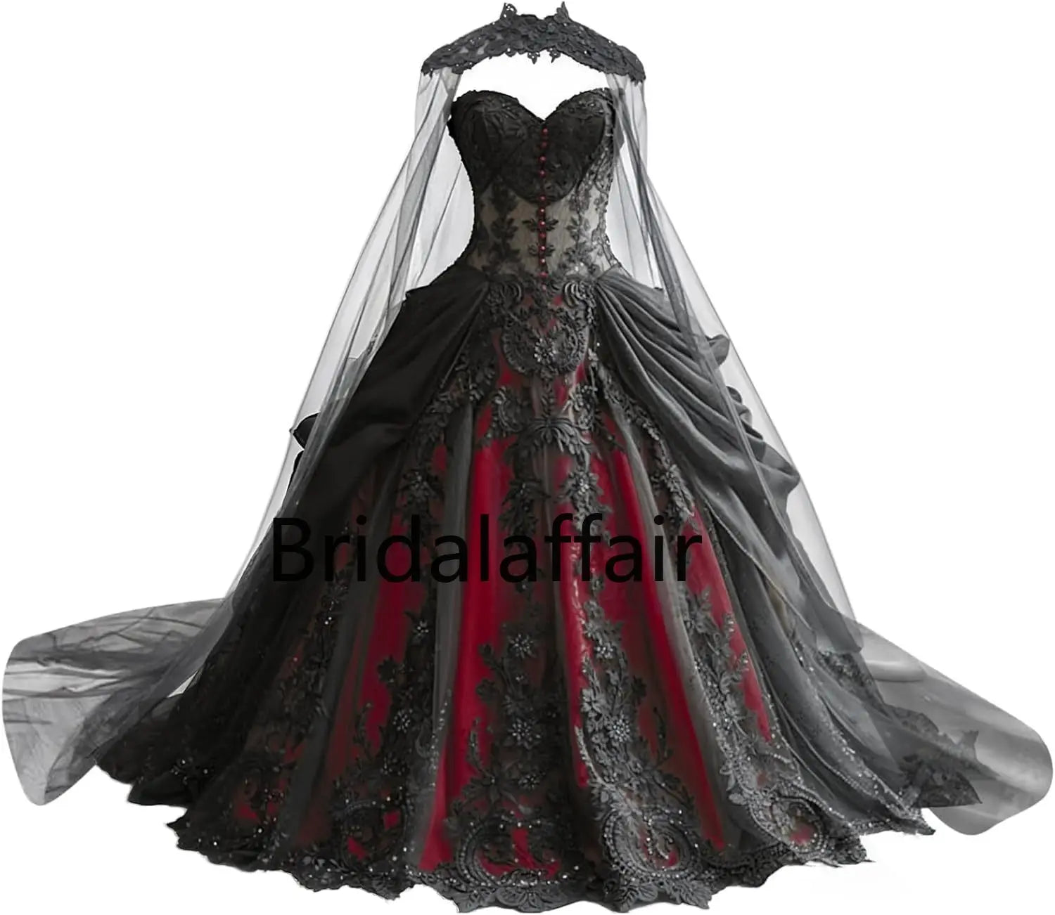 Robes de mariée gothiques pour la mariée Robes de mariée en dentelle noire appliquées Robes de mariée en tulle étagé brodées avec cape