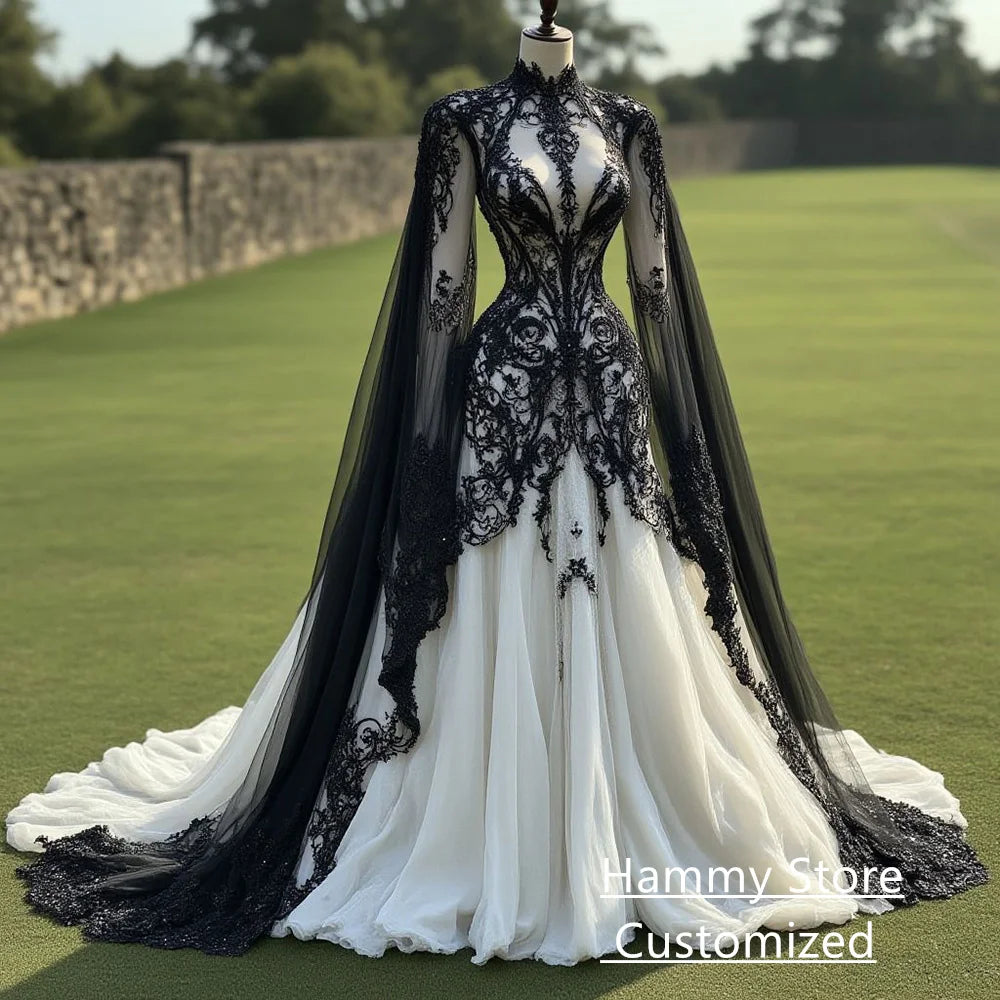 Gothic Wedding Dress Black Lace Applique Customized High Neck Long Batwing Sleeves Sweep Train Bridal Gown Vestido De Noiva