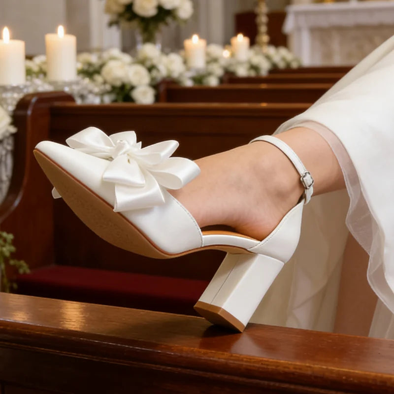 New Leather Solid Snow White Wedding Banquet Ball Thick Heel Pointed Hollow High Quality BowKnot High Heel Sexy Women's Shoes