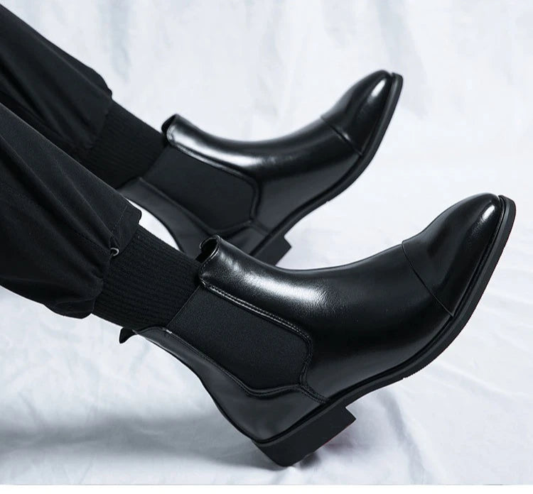 Bottes Cheville Homme Affaires Semelle Rouge Bout Pointu Bottines Habillées Britanniques Chaussures Hautes en Cuir Décontractées Chelsea Homme à Enfiler