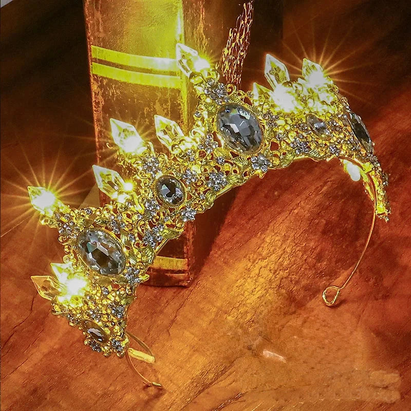 Accessoires de Cheveux de Mariée Lumineux Alliage Cristal Fête LED Lumineux Couronne Strass Diadème Fleur Reine Mariage Festival