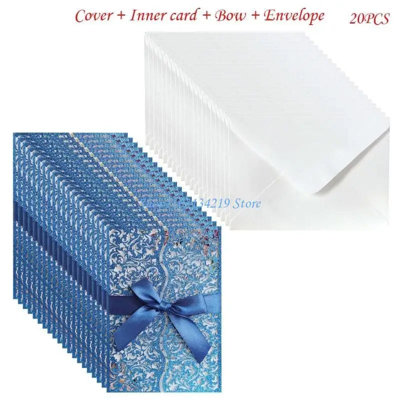 20 cartes d'invitation à paillettes creuses avec enveloppes et ruban pour mariage, Saint-Valentin, fête prénuptiale, fournitures de fête