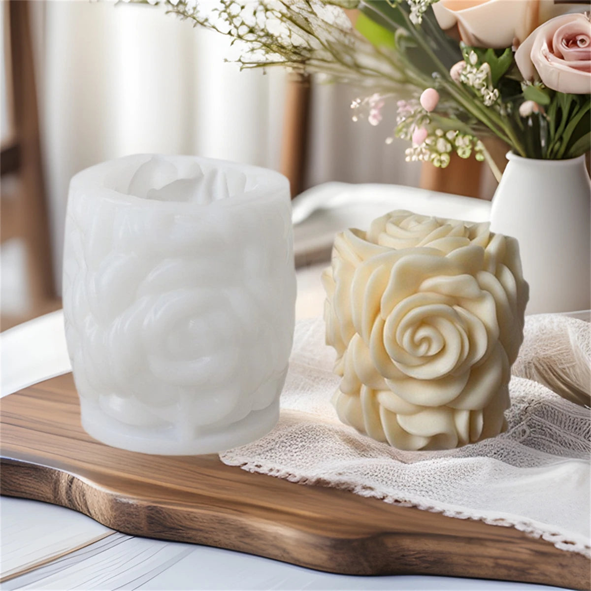 Moule en silicone pour bougie pilier rose 3D, colonne de fleurs géométriques, moule à plâtre pour bougie parfumée, ornement, cadeau fait à la main, décoration de mariage