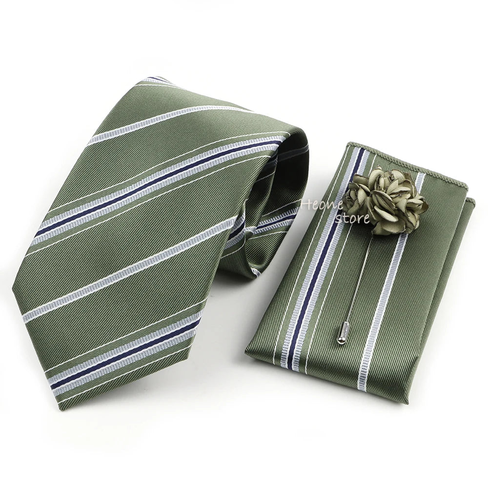 Men's Striped Necktie, Pocket Square & Brooch Set | Groom & Groomsmen Wedding Accessory