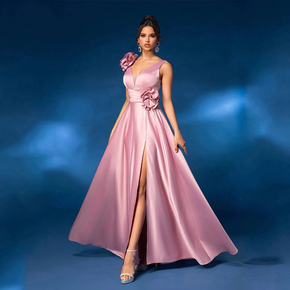 DRESS FORU Robes de Soirée Élégantes en Satin Longueur Ras du Sol Col en V sans Manches Robe de Bal Fleurie Vestidos De Fiesta Personnalisée