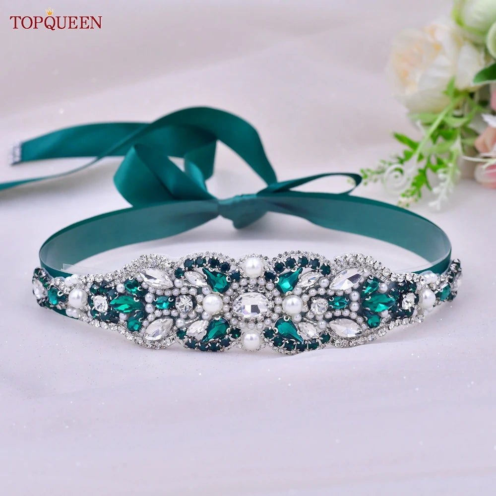 TOPQUEEN Ceinture Verte Multi-styles Avec Diamants Accessoires de Mariage Nuptiaux Strass Robes Femme Soirée Ceintures S30