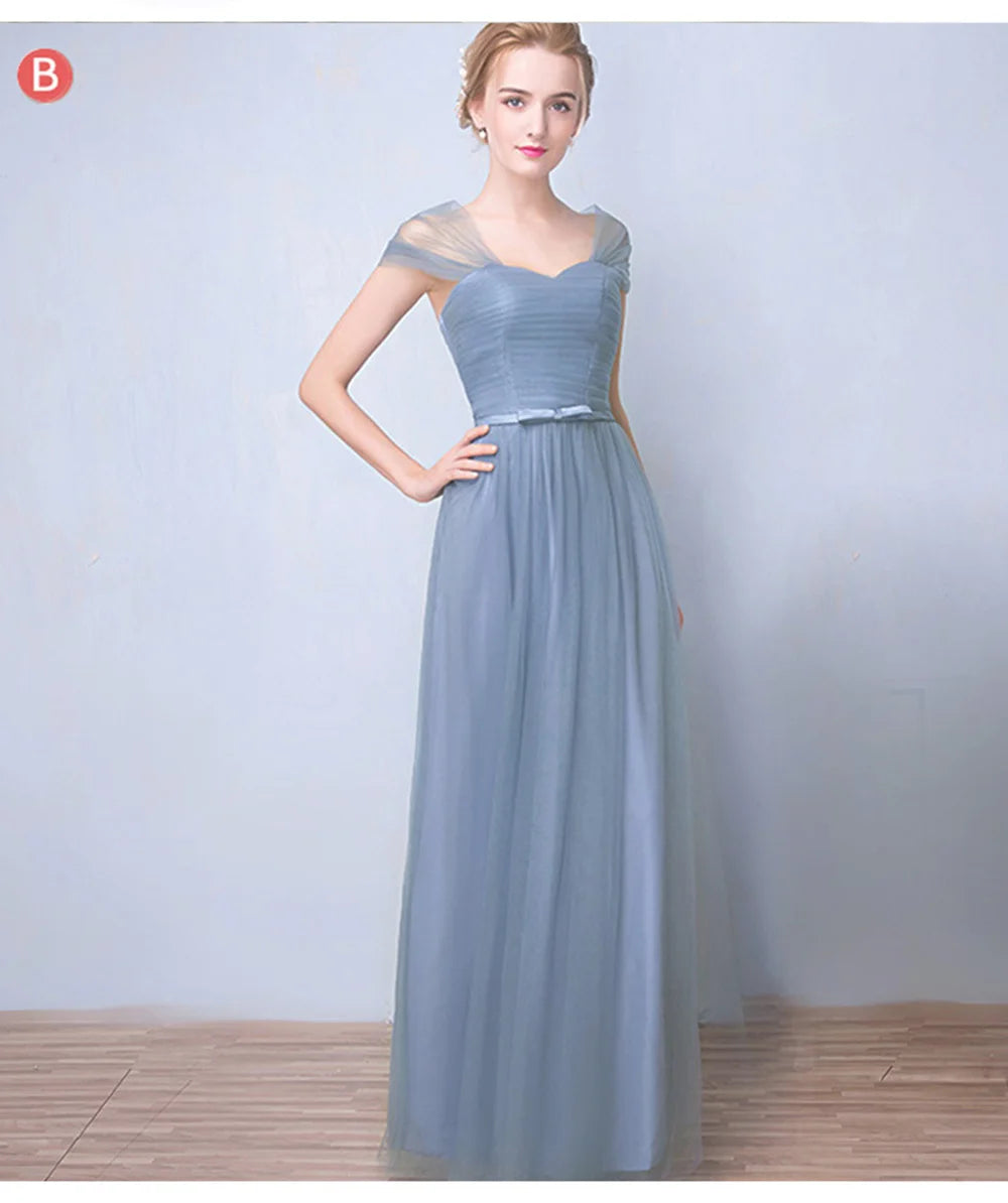 Élégante Robe de Demoiselle d'honneur Gris Bleu Simple 4 styles sans Manches Femme Classique Tulle Ceinture Satin Lacets Nœud Robe de Bal Ligne A