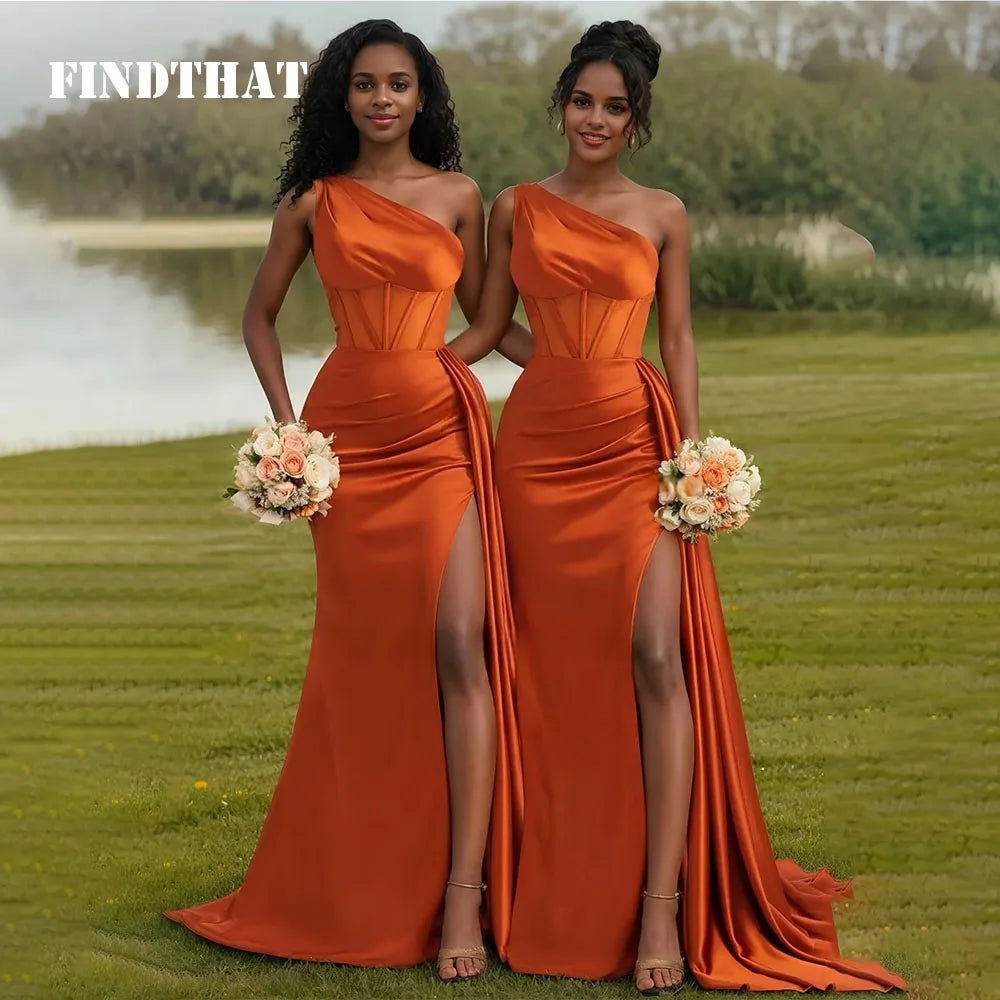 Findthat Robe de Demoiselle d'Honneur Sirène Fendue pour Soirée, Robe Longue de Bal Orange à Une Épaule, Robe d'Invitée de Mariage Personnalisée