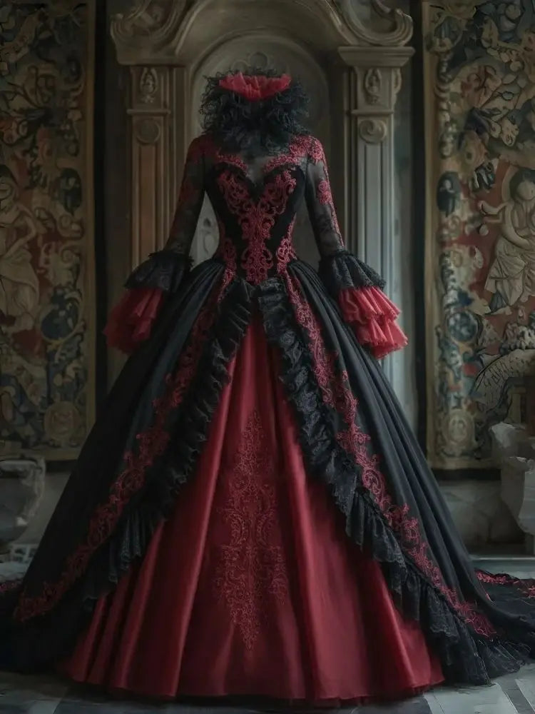 Medieval Gothic Wedding Dress Black And Burgundy Vampire Halloween Costume Lace Appliques Flare Sleeves High Collar Customized