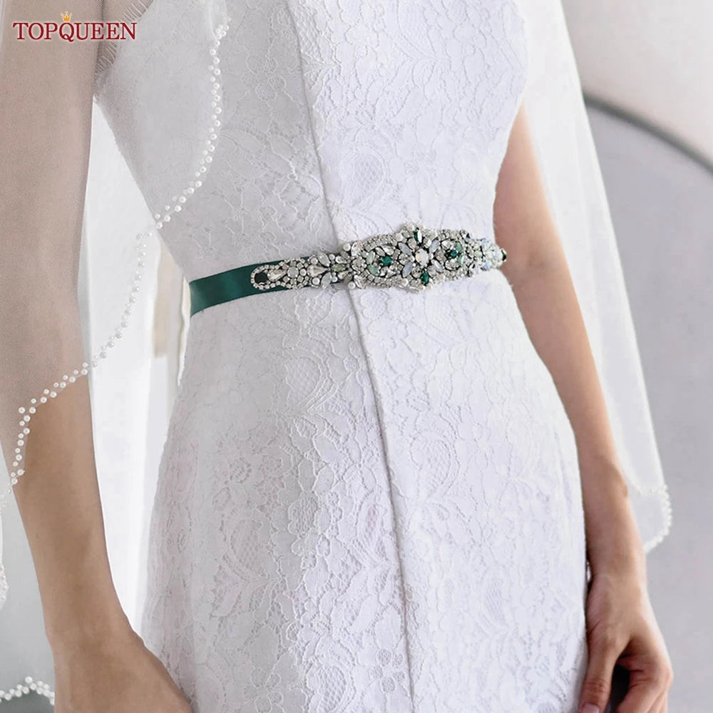 TOPQUEEN Multiple Styles Green Belt With Diamonds Bridal Wedding Accessories Rhinestone Women'S Dresses Evening Girdles S30