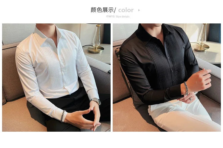 Men's Pleated Tuxedo Dress Shirt – Slim Fit Groom & Groomsmen Wedding Shirt