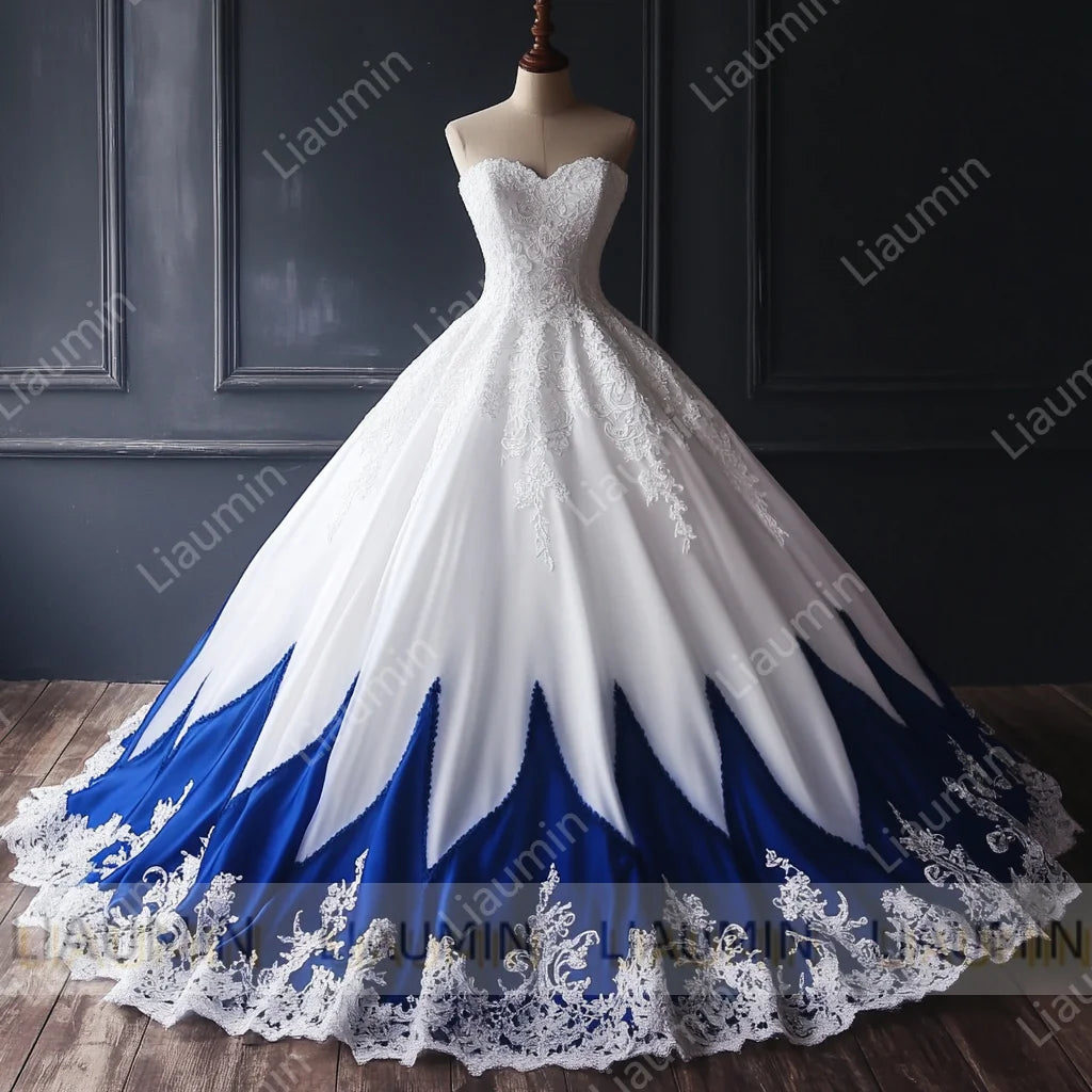White Tulle Blue Lace Applique Strapless Floor Length Lace-Up Back Wedding Formal Prom Dresses Bridal Gown Customized Made W19-5