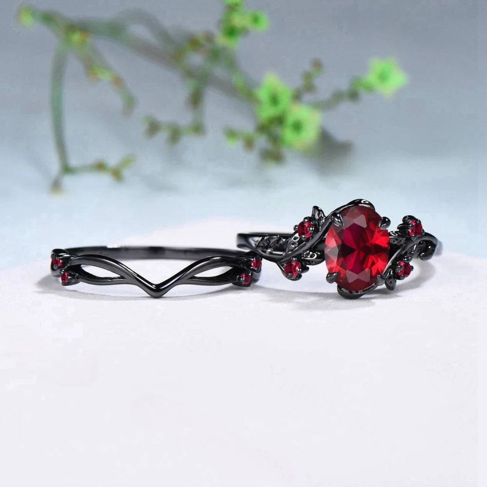 Bague gothique rétro en forme de fleur de rose noire avec branches croisées et cristal rouge, pour femme et homme, bijou de couple, cadeau