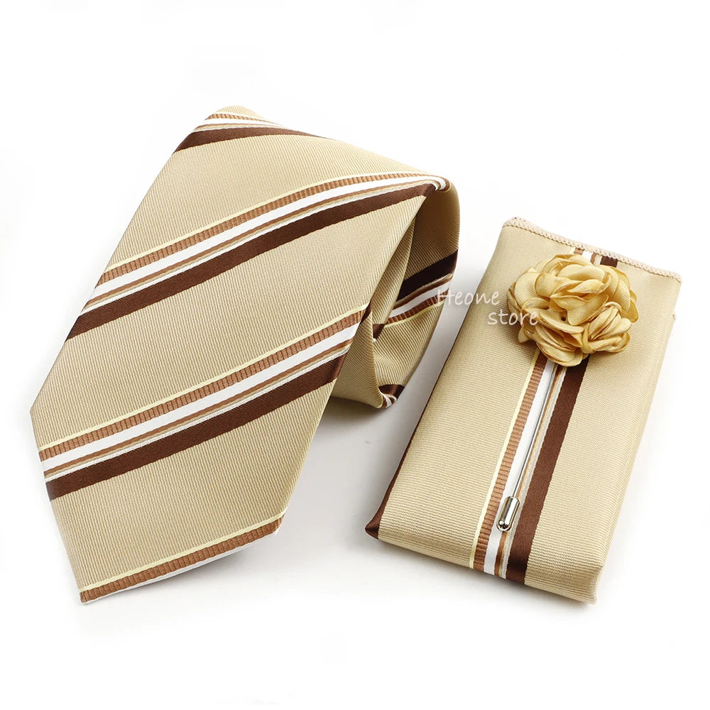 Men's Striped Necktie, Pocket Square & Brooch Set | Groom & Groomsmen Wedding Accessory