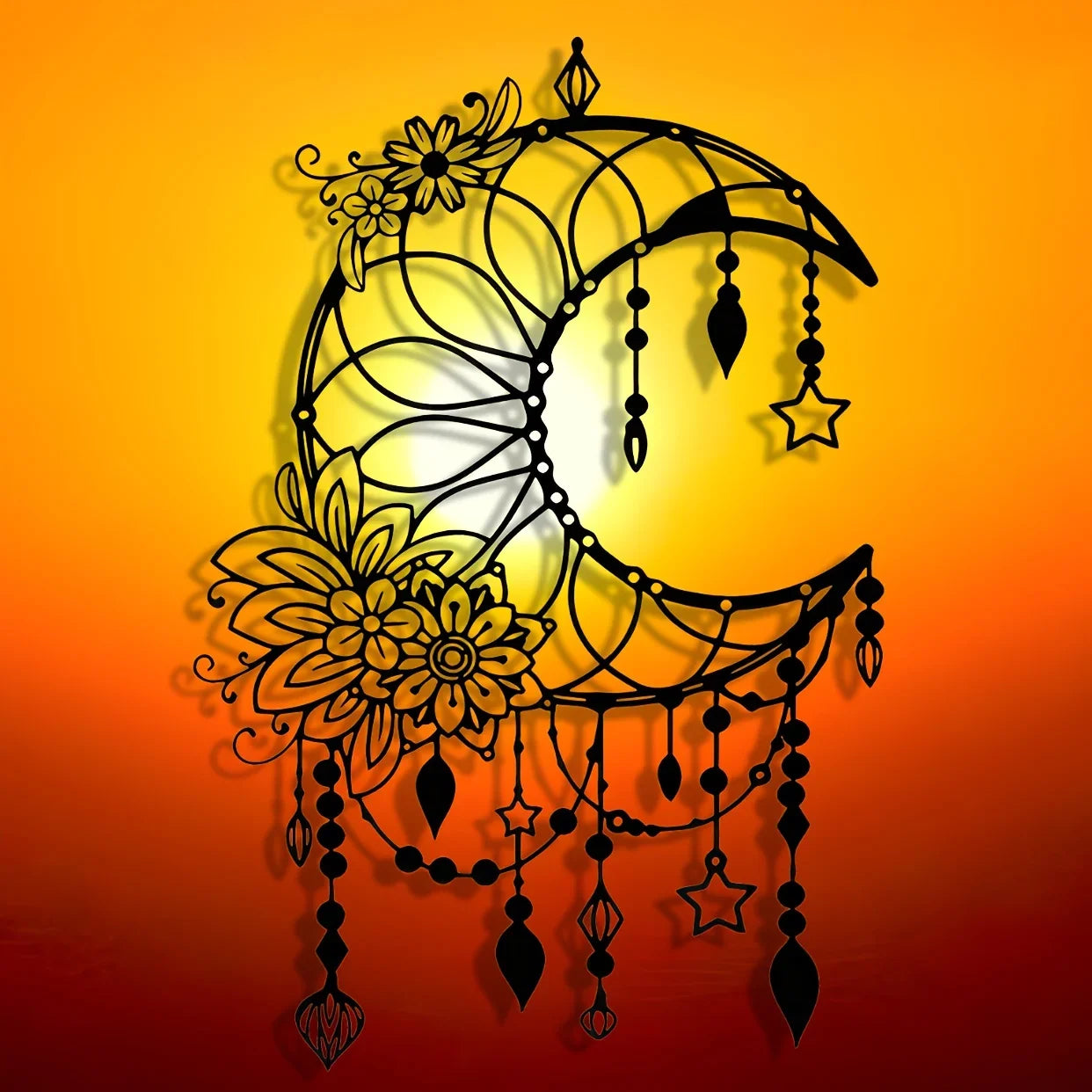 Elegant Gothic Moon & Flower Metal Wall Art Modern Craft Hanging Ornament for Living Room Decor